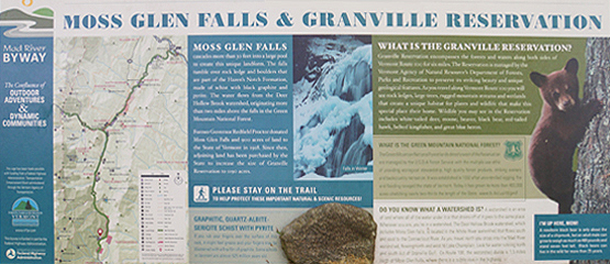 moss glen falls and granville reservation sign vermont waterfalls